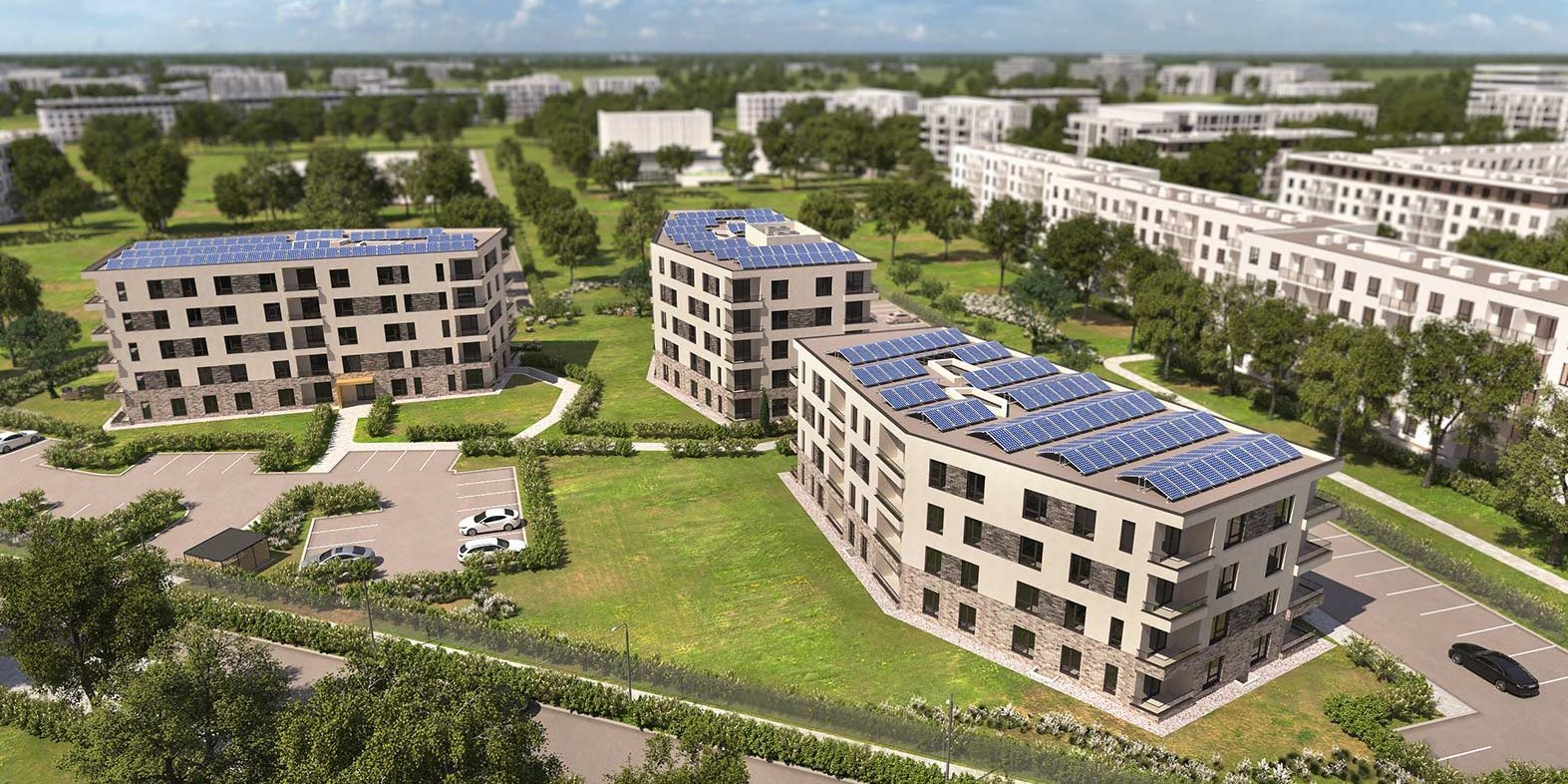 Digitale Ansicht der Gebäude Rückseite der Robert-Koch-Straße mit Parkplatz anderer Winkel