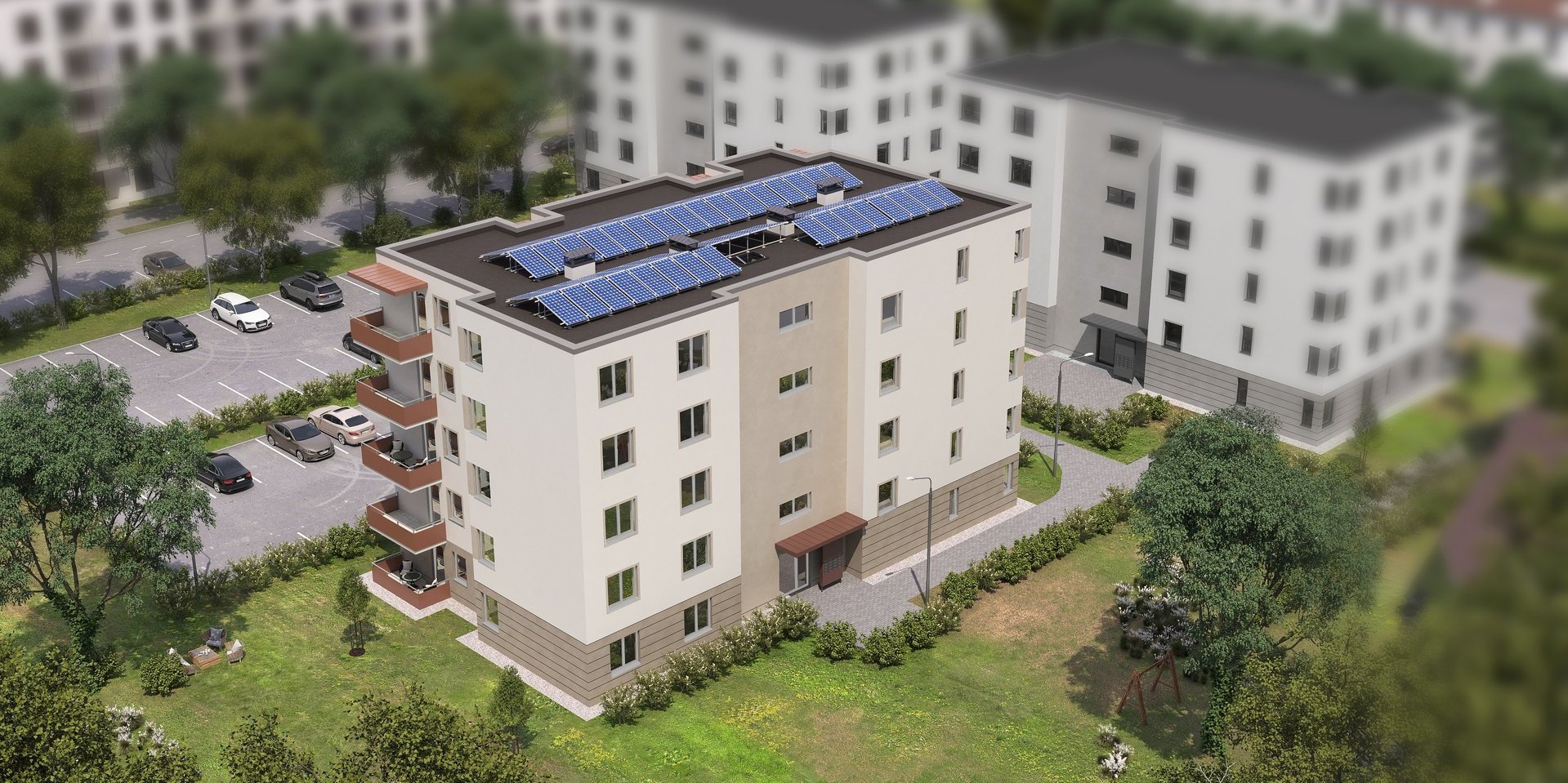 Digitale Ansicht der Gebäude Rückseite der Stavener-Straße mit Parkplatz anderer Winkel