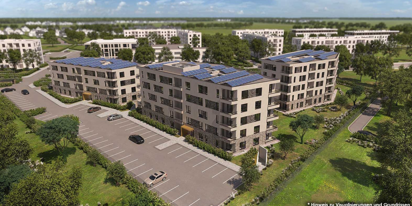 Digitale Ansicht der Gebäude der Robert-Koch-Straße mit Parkplatz