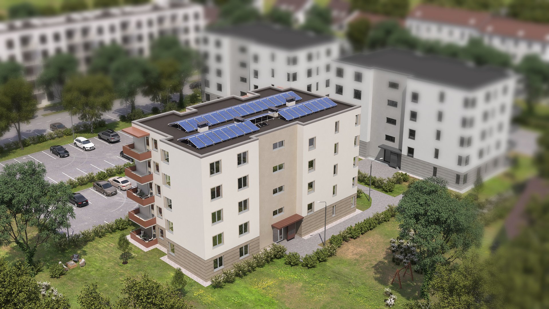 Digitale Ansicht der Gebäude Rückseite der Sravener-Straße mit Parkplatz anderer Winkel